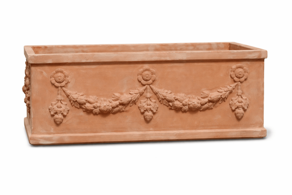 Großer, frostsicherer Terracottakasten aus Impruneta mit traditioneller Blumenranke